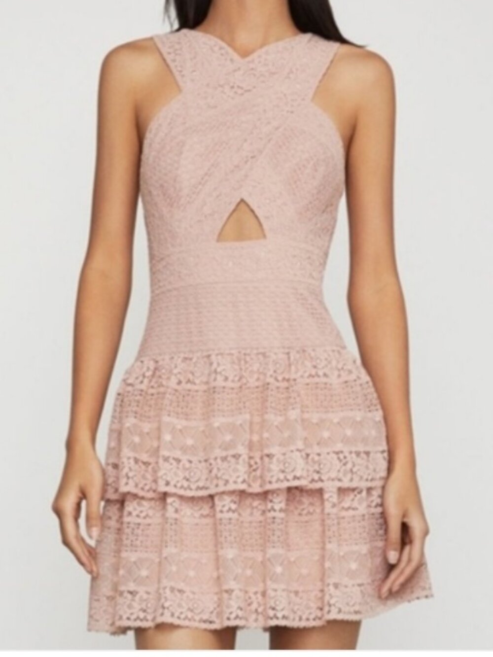 BCBGMaxAzria Shadow Blush Alissa Lace Tiered Mini Dress size 10